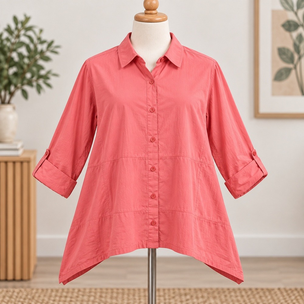 NEW Denim & Co Button Down Shirt Womens MP Coral Pink Sharkbite Hem Long Sleeve